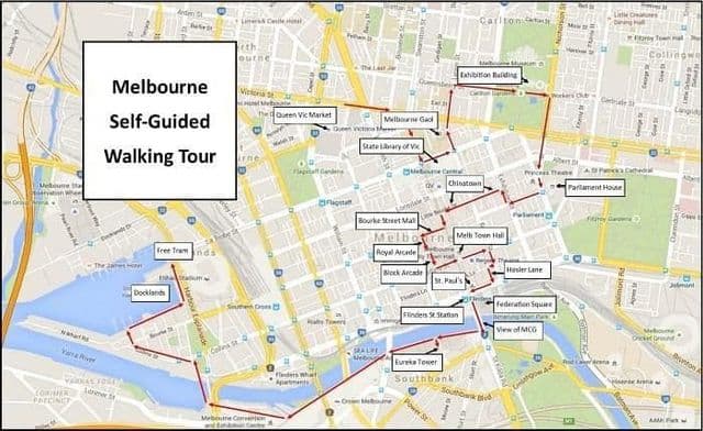 Mappa dei tour a piedi di Melbourne