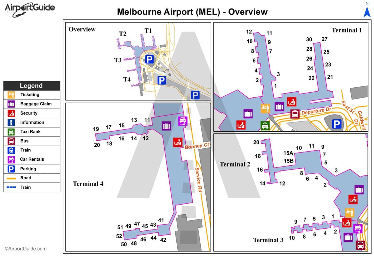 Mappa del terminal dell'aeroporto di Melbourne