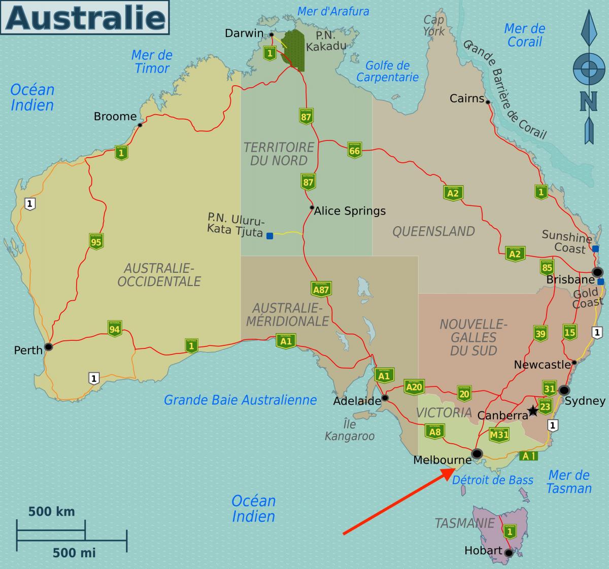 Melbourne su Victoria - Mappa dell'Australia